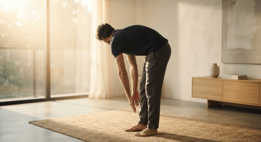 A man practicing mindful stretching to reconnect his body and mind for better mental clarity.