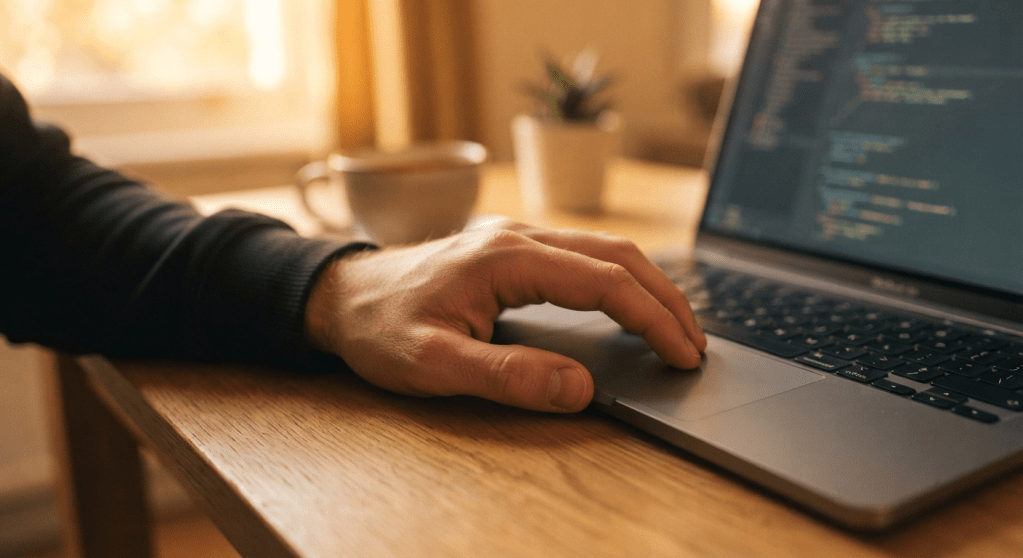 A man's hand taking a deliberate pause before work, symbolizing a mindful transition to improve focus.