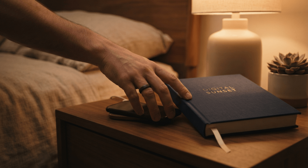 A man performing a digital sunset by setting aside his phone to read a book, preparing for restful sleep.