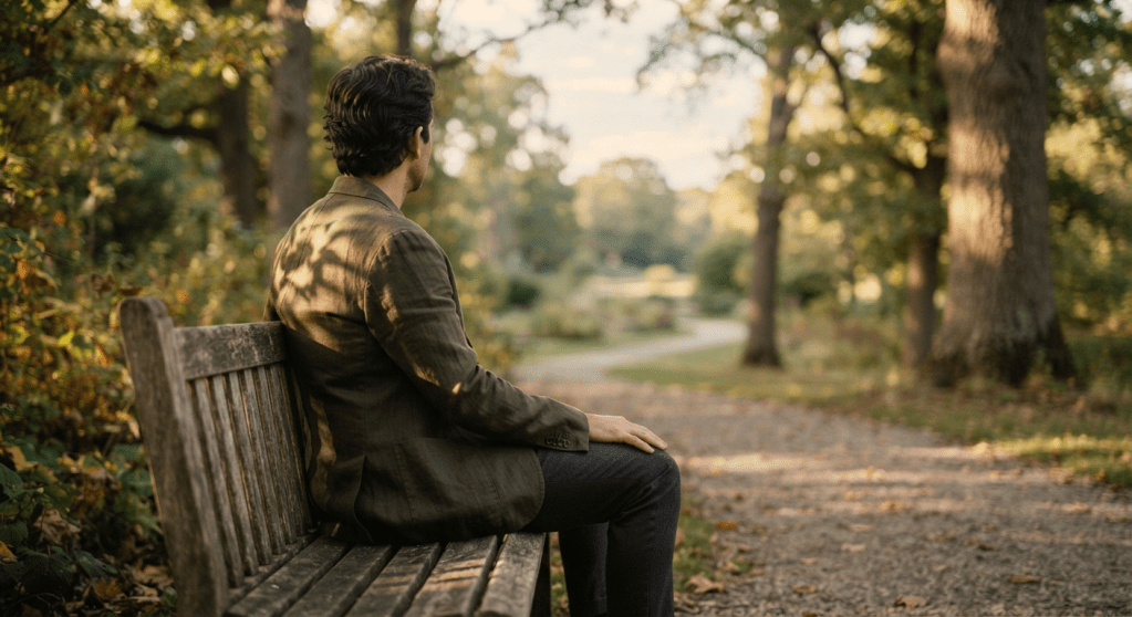 A man sitting in a quiet park, enjoying a moment of stillness and boredom without a phone.