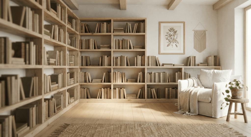 A peaceful home library corner with minimalist wooden bookshelves filled with books, featuring a cozy cream-colored armchair with a knitted throw, a small potted plant, and warm natural sunlight, evoking a sense of tranquility and slow living.
