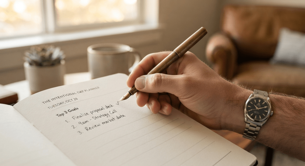 A man's hand placing a pen on an organized planner after completing a task, symbolizing productivity and mental clarity.