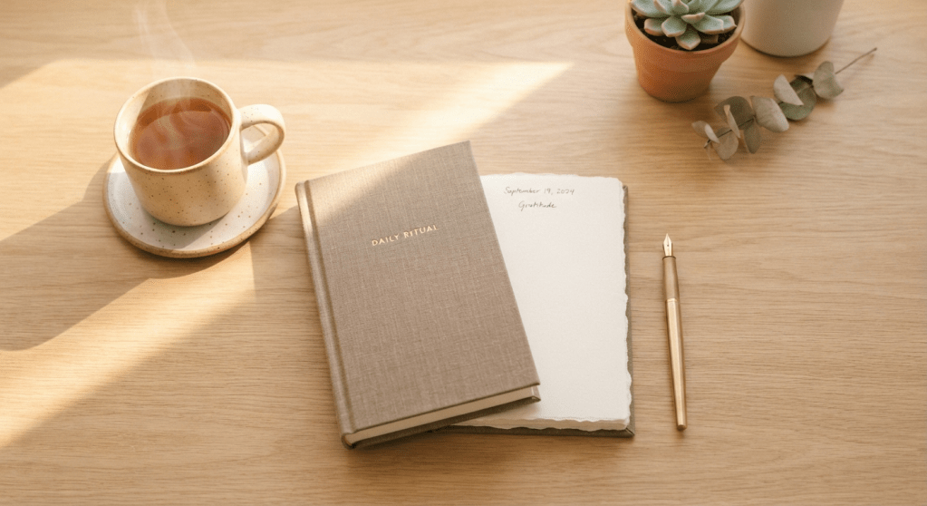 Minimalist desk setup with a 'Daily Ritual' journal, a fountain pen, and a cup of warm tea, reflecting a structured habit for mindfulness and daily mental organization.