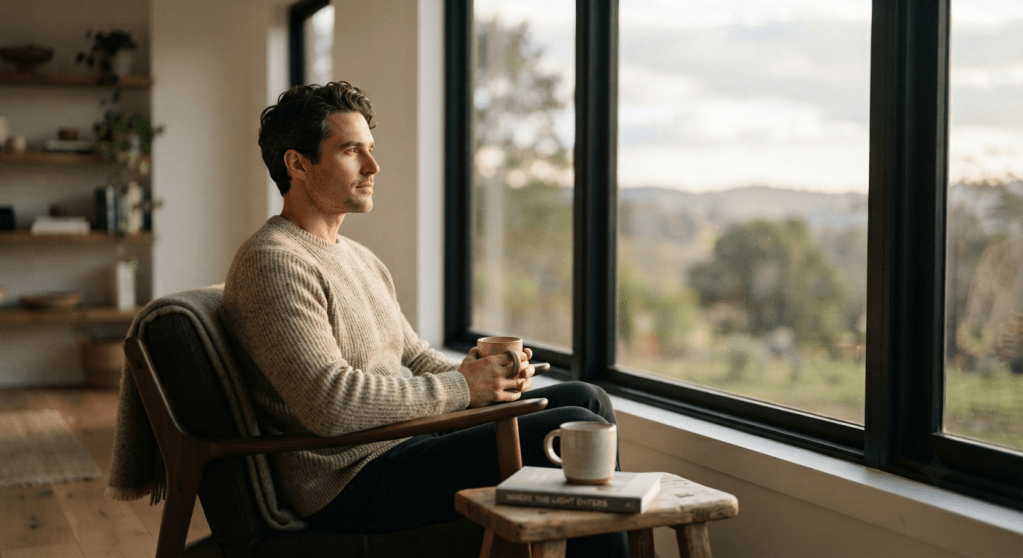 A man sitting peacefully by a window with a cup of tea, representing calm, introspection, and starting the day with mental clarity.