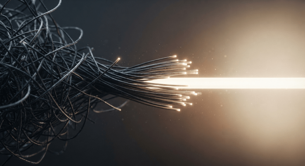 Abstract conceptual art showing dark, tangled optical fibers transforming into a single, bright, straight beam of light, symbolizing the transition from chaotic thoughts to mental clarity.