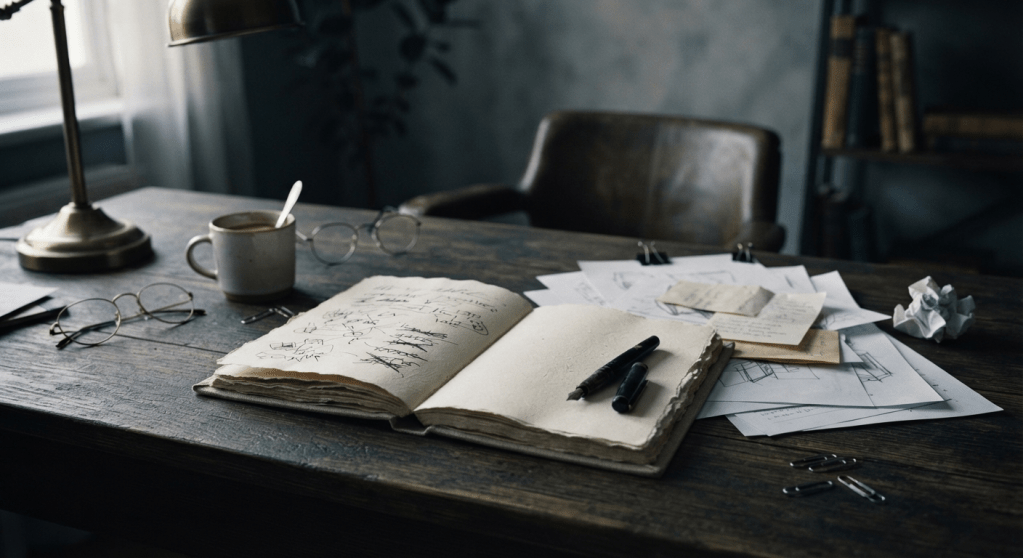 A cluttered desk with open notebooks representing cognitive load and the stress of unfinished daily tasks.
