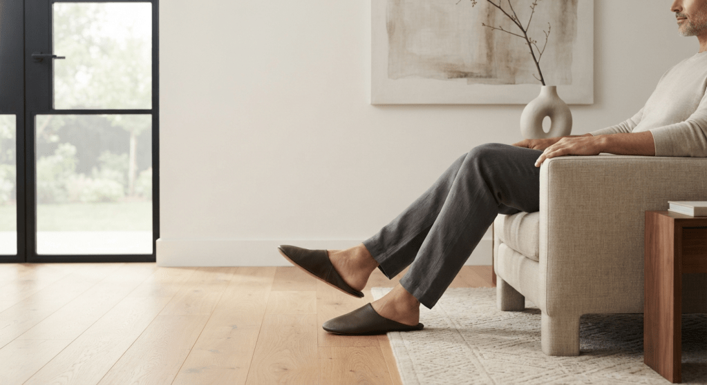 A man taking a deliberate five-minute pause in a minimalist room to practice unstructured time.