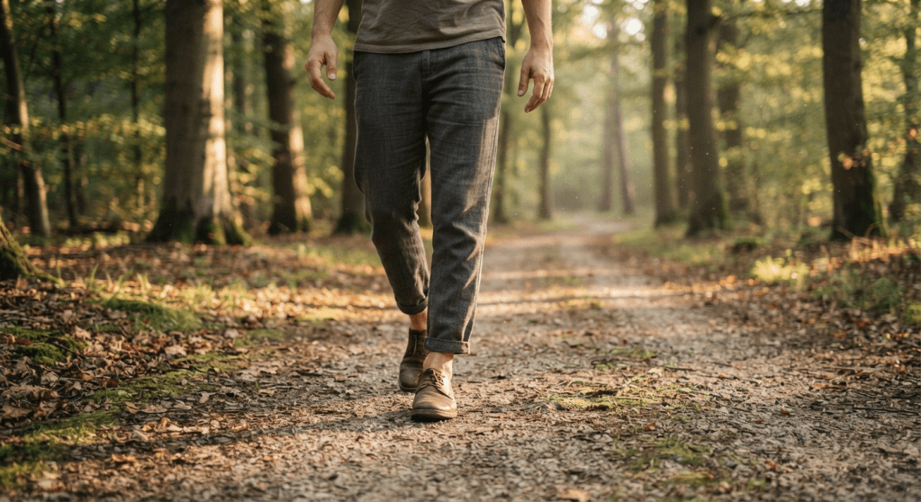 A man taking a quiet, mindful walk without devices to reset his focus and clear his mind.
